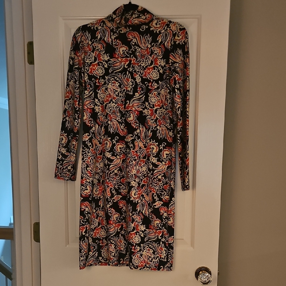 Jude Connally Red, Black and Cream Sheath Dress Long Sleeve Mock Neck